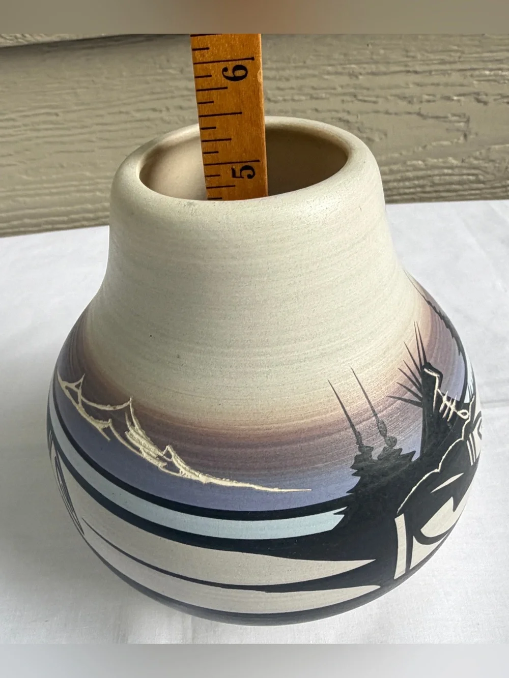 Native American Hand Painted Pottery Cowboy Horse Vase Signed Randy Navajo 6”